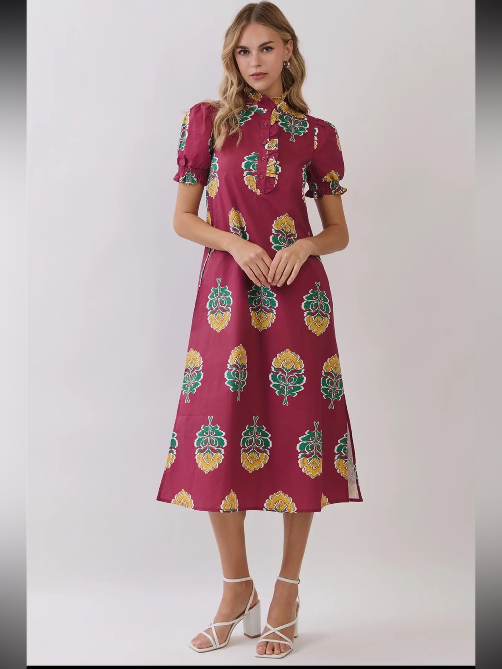 Women's Floral Print Midi Dress in Burgandy